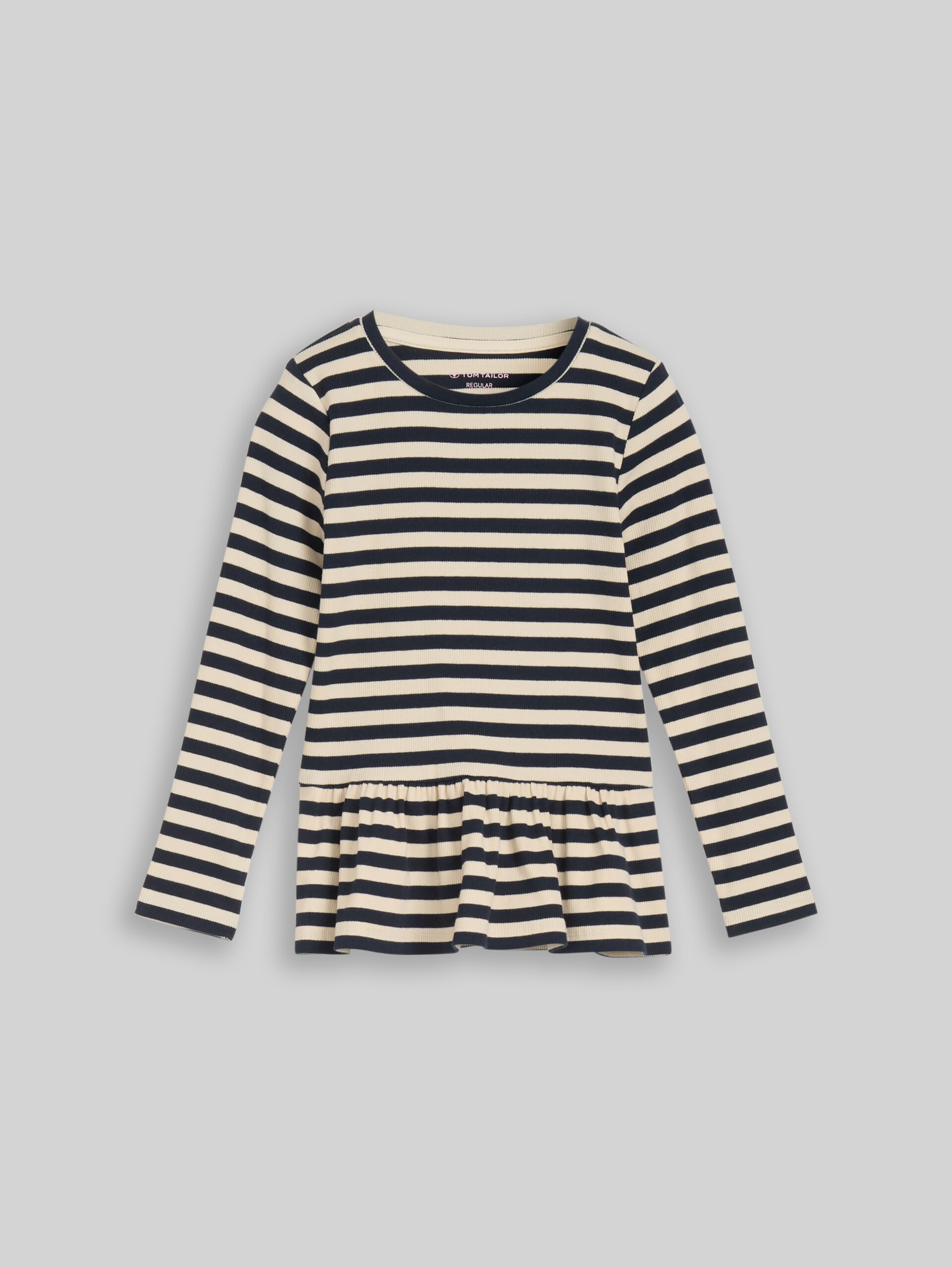 Long-sleeved shirt with ribbed texture and flounce - dark blue off white stripe - Front product view