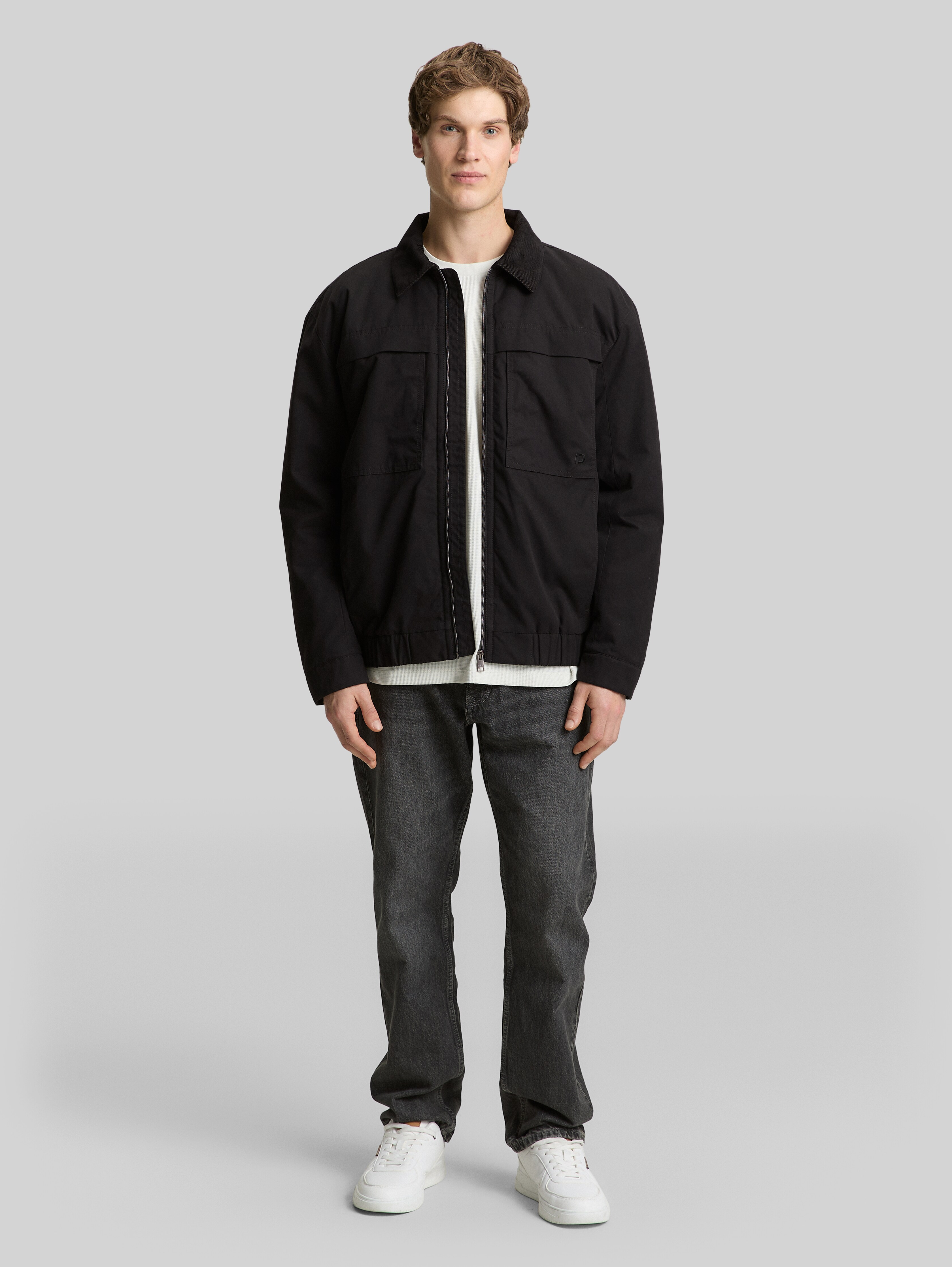 Relaxed fit jacket with corduroy collar in black by Tom Tailor