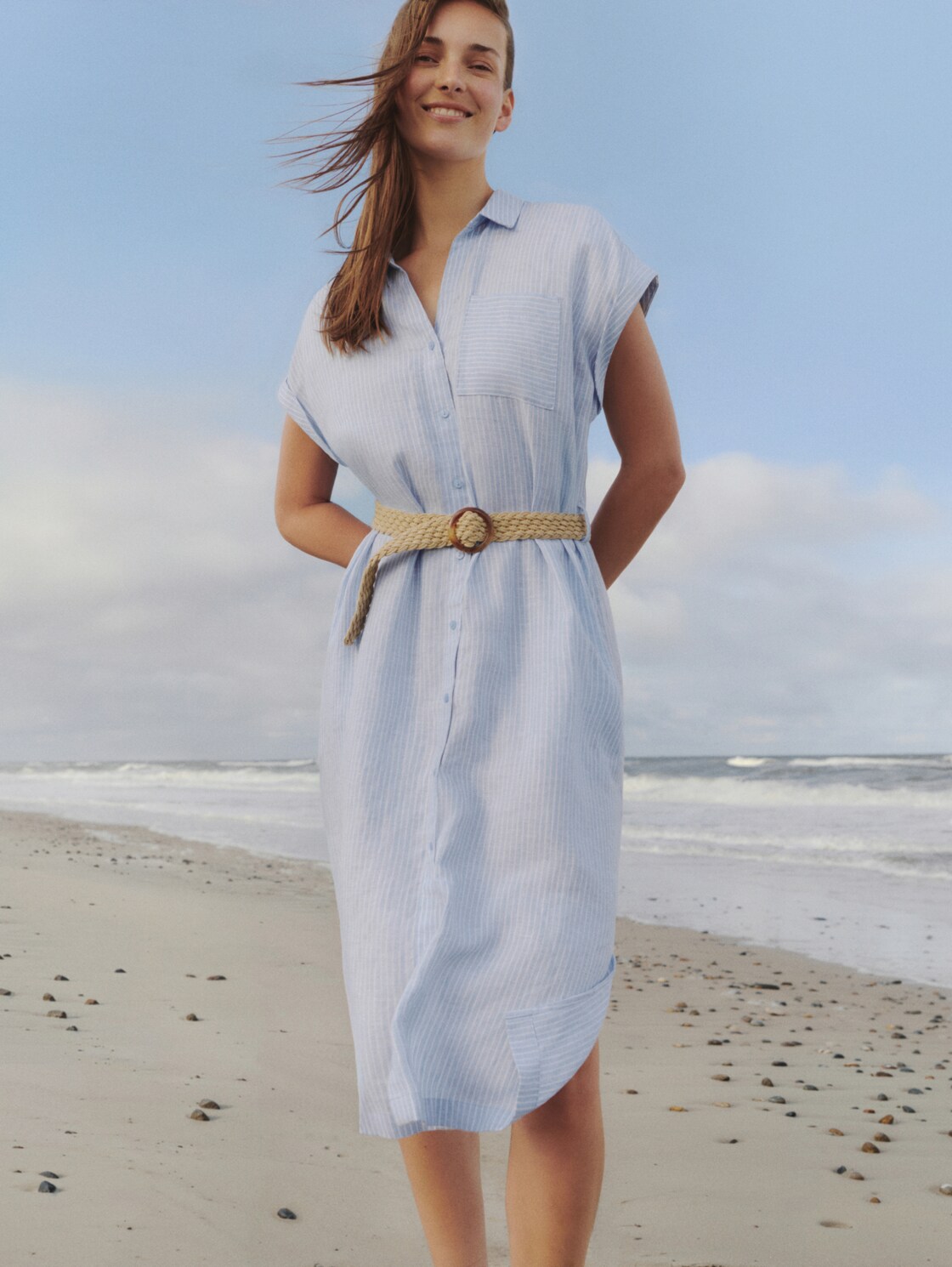 Loose fit midi-jurk met riem - fjord blue irregular stripe