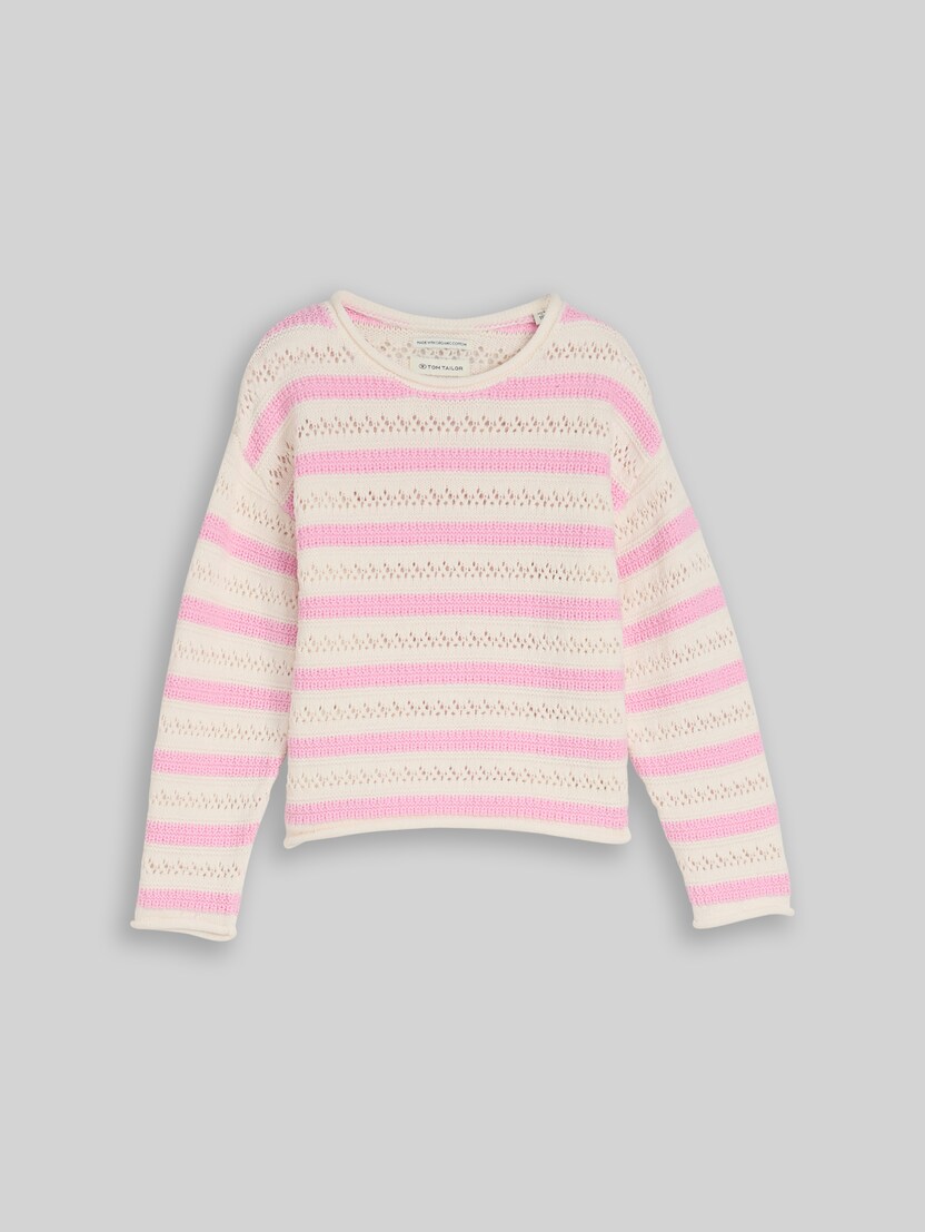 Korte gebreide trui met streepmotief door Mini Girls, light rose stripe