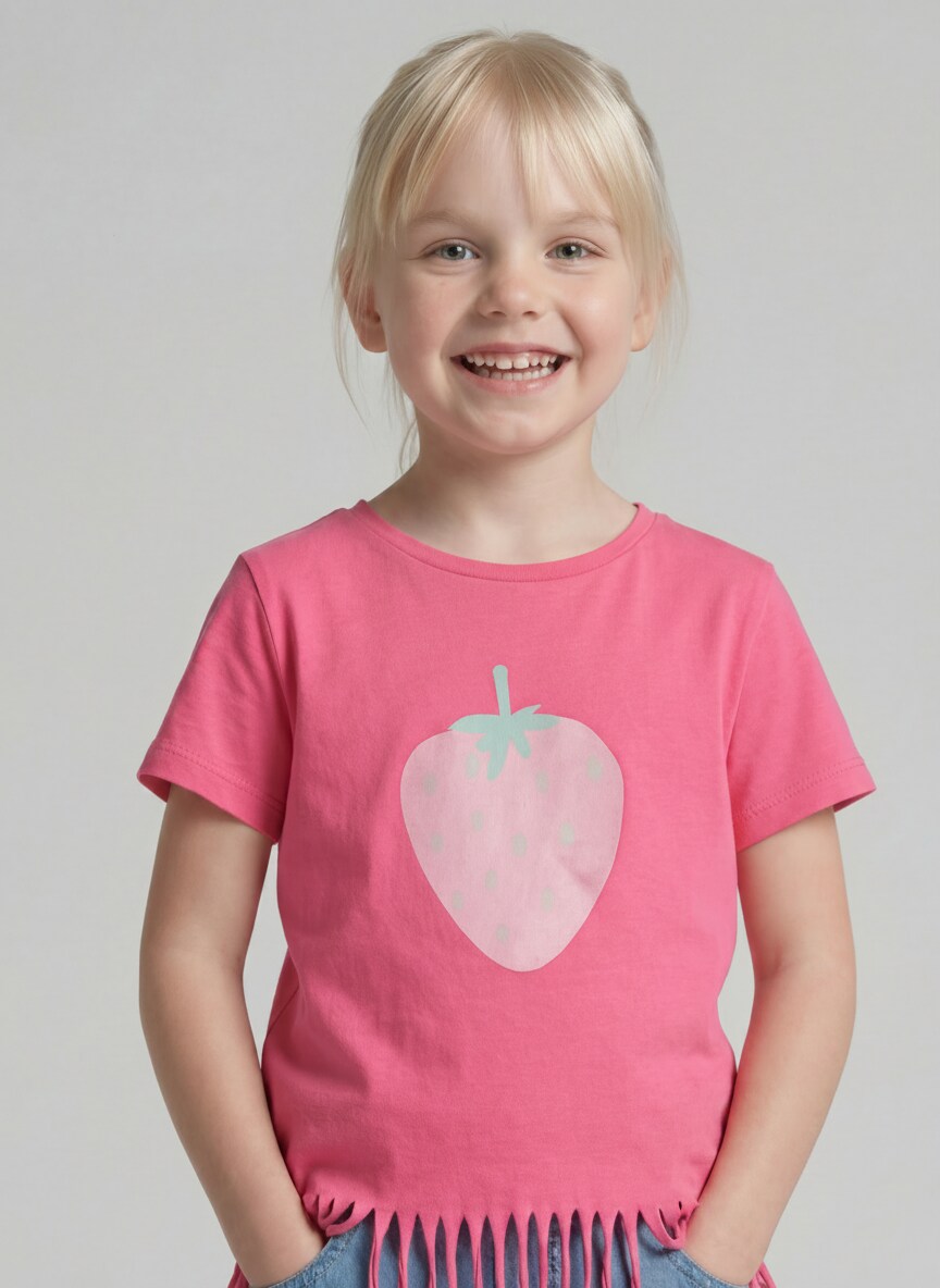 T-shirt with fringes - Flashy Pink - Neckline model front view