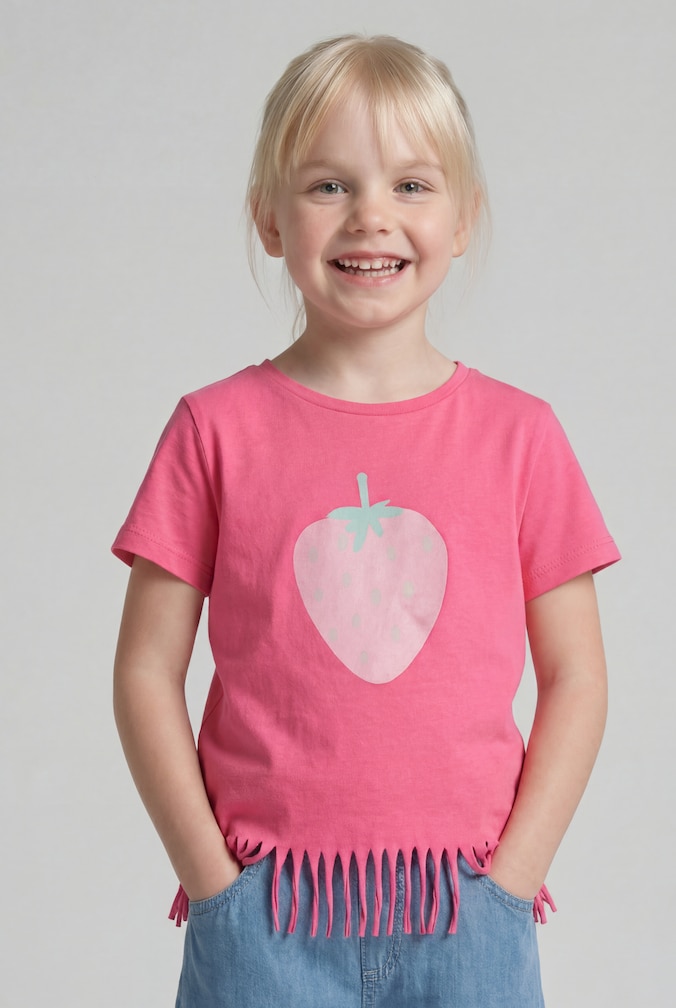 T-Shirt mit Fransen von Mini Girls, Flashy Pink