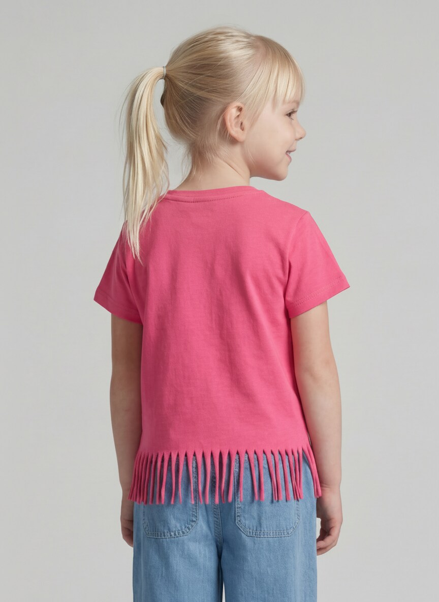 T-shirt with fringes - Flashy Pink - Neckline model-back view