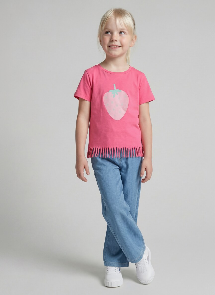 T-shirt with fringes - Flashy Pink - Model front view