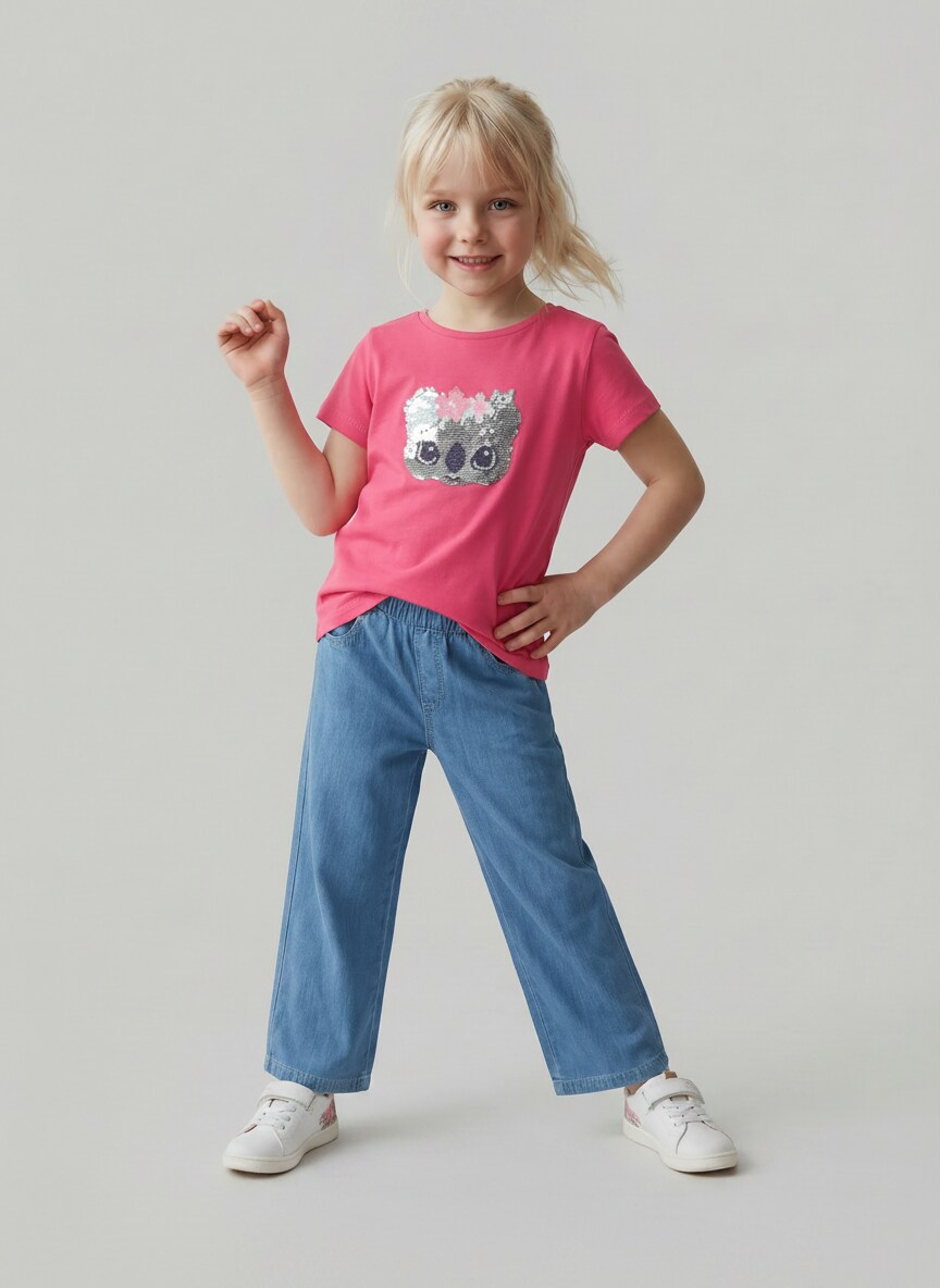 T-shirt with reversible sequins - Flashy Pink - Model front view