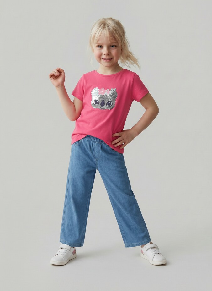 T-Shirt mit Wendepailletten von Mini Girls, Flashy Pink