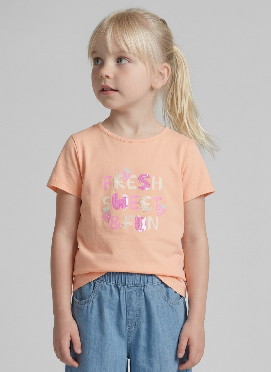 T-shirt with print - peach bloom - Neckline model front view