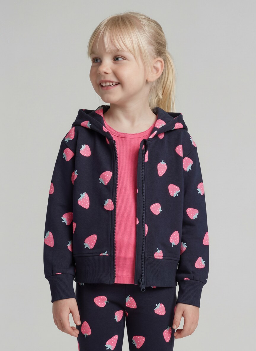 Cropped Hoodie Sweatjacke mit Erdbeer-Print - big strawberry print - Ausschnitt Model-Vorderansicht