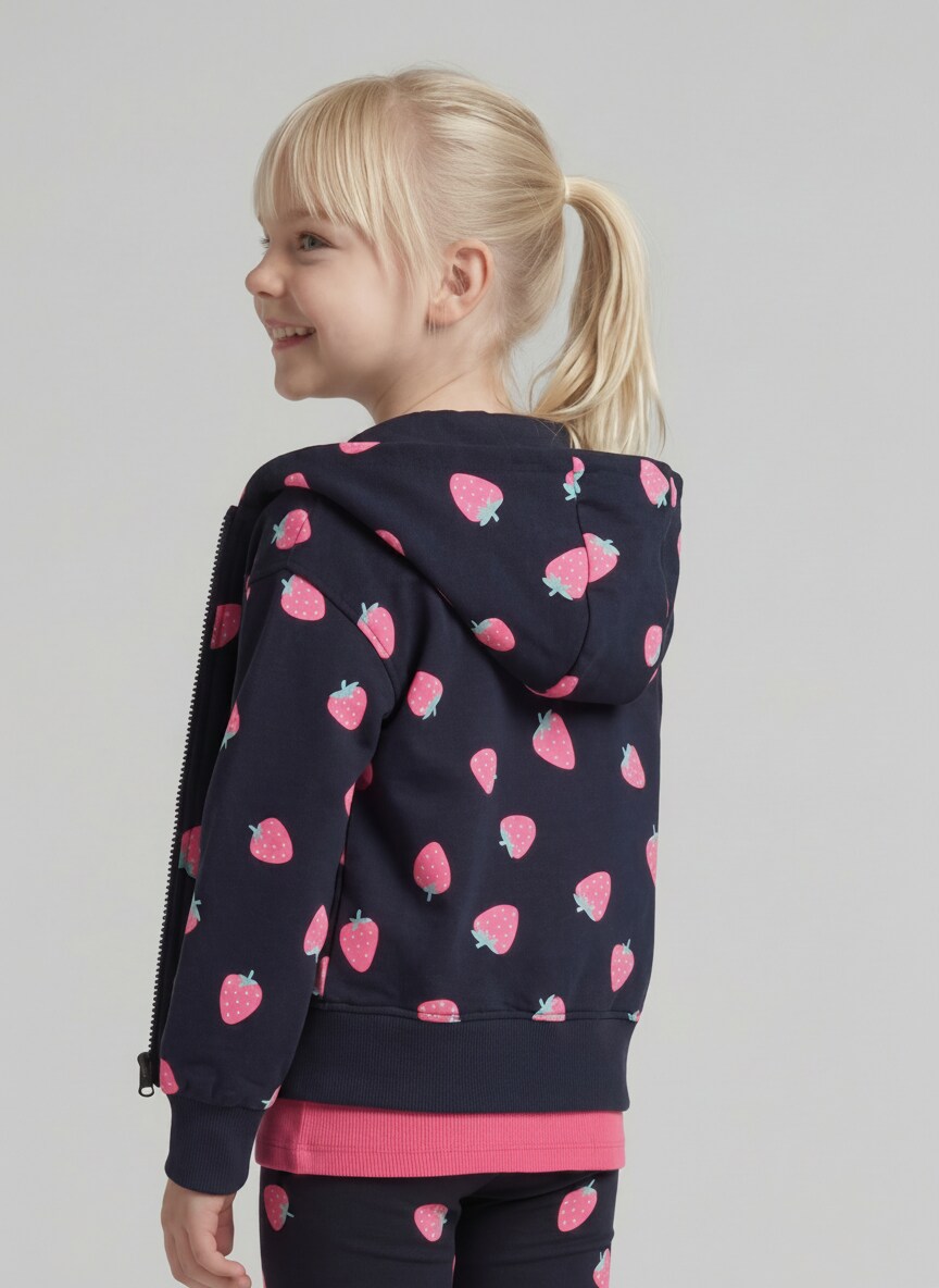 Cropped Hoodie Sweatjacke mit Erdbeer-Print - big strawberry print - Auschnitt Model-Rückansicht