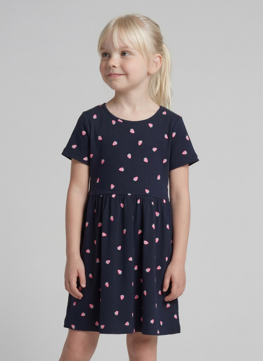 Mini dress with ribbed texture - small strawberry print - Model front view
