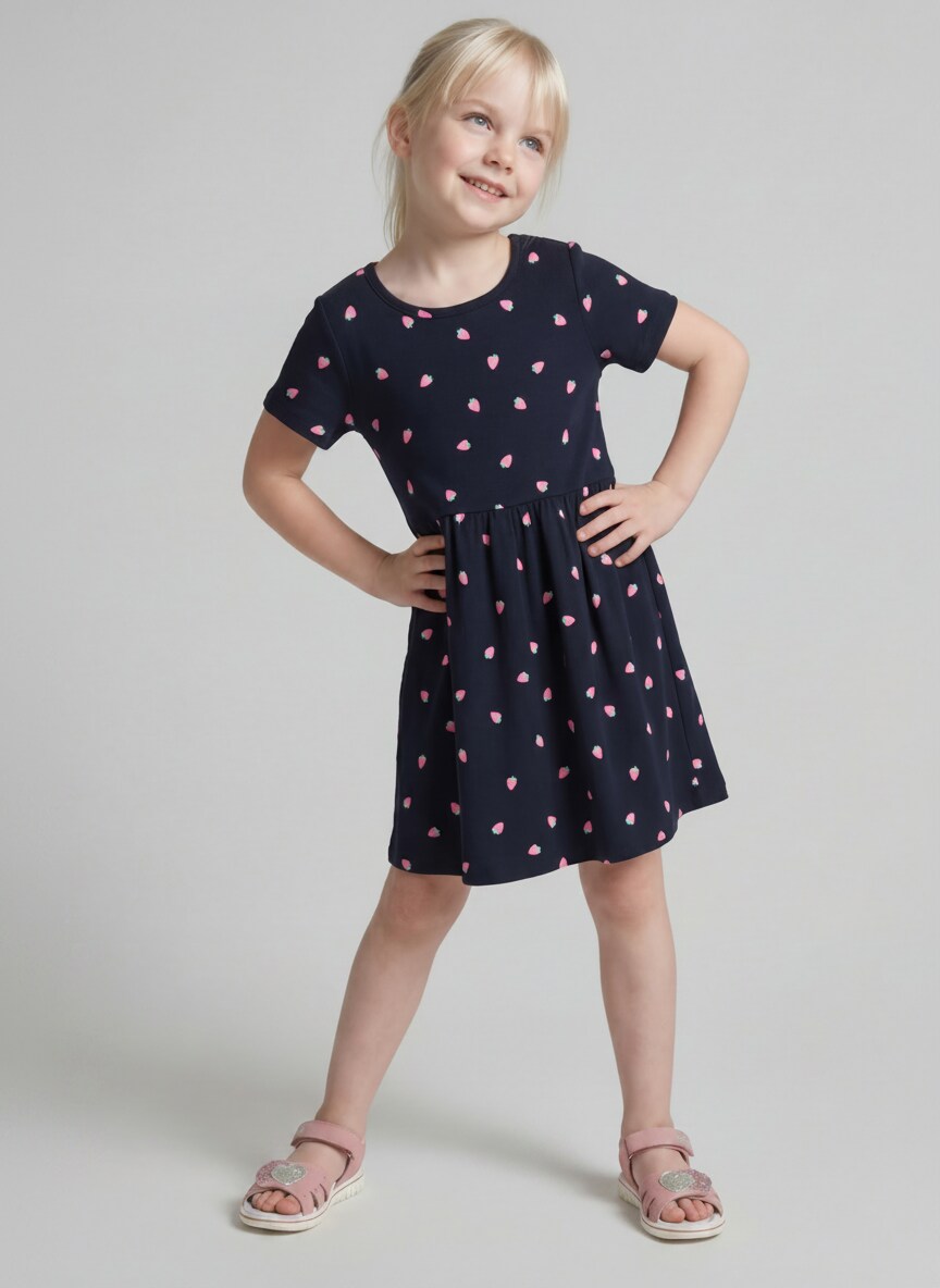 Mini dress with ribbed texture - small strawberry print - side model view