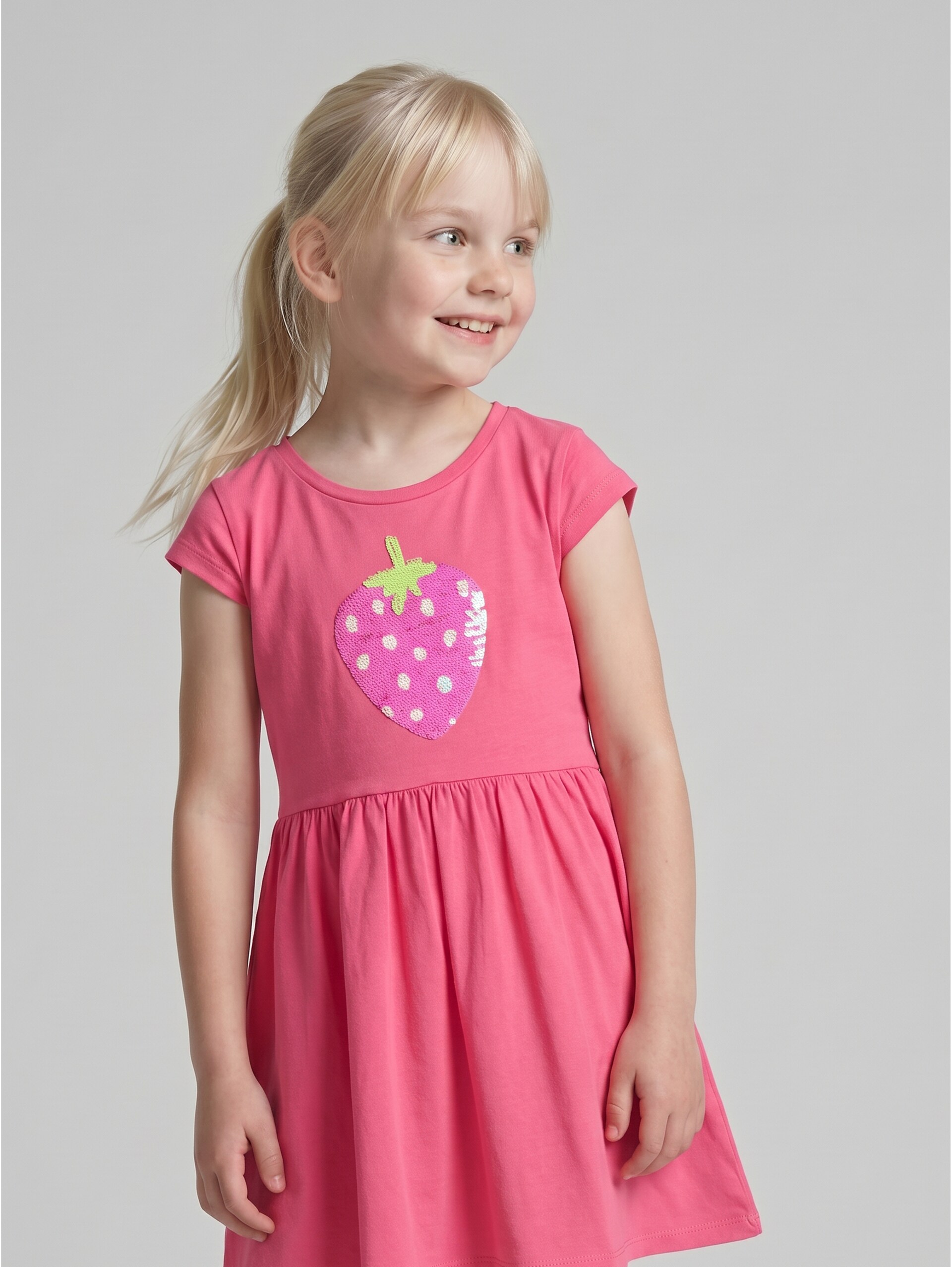 Mini dress with reversible sequins - Flashy Pink - Model front view