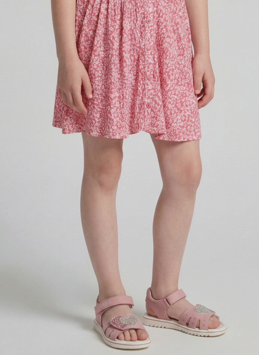 Mini-Rock mit Zierknopfleiste - small pink flower print - Ausschnitt Model-Vorderansicht