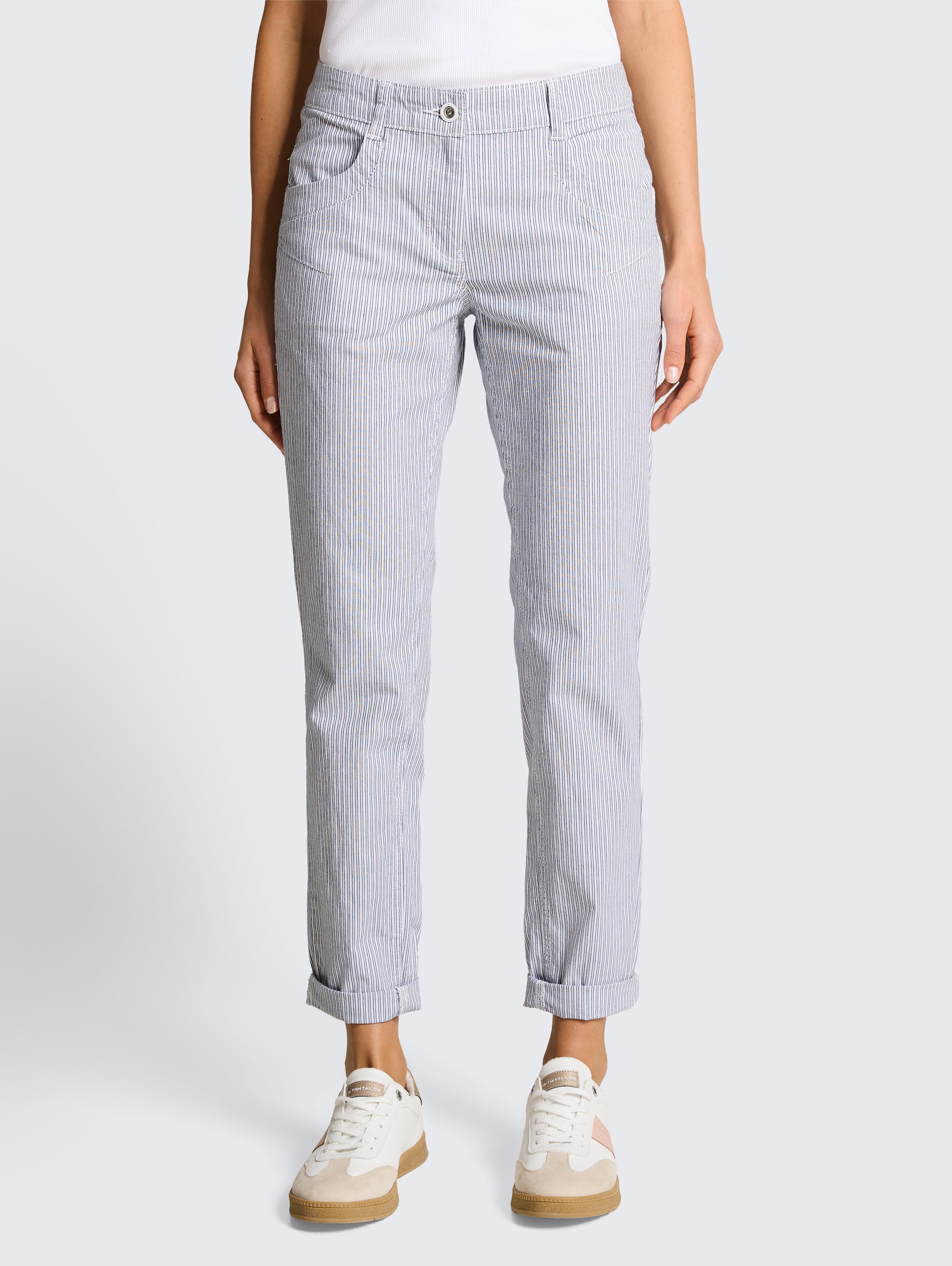 Tapered relaxed broek met streepmotief - white_navy_irregular_stripe - 