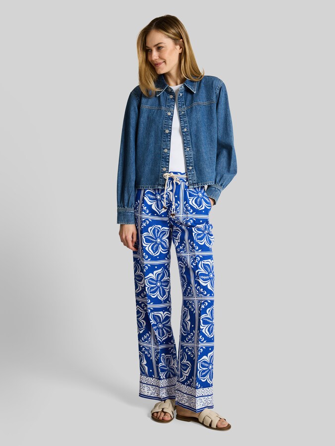 Wide Leg Hose mit Leinenanteil von Women, blue flower tile design