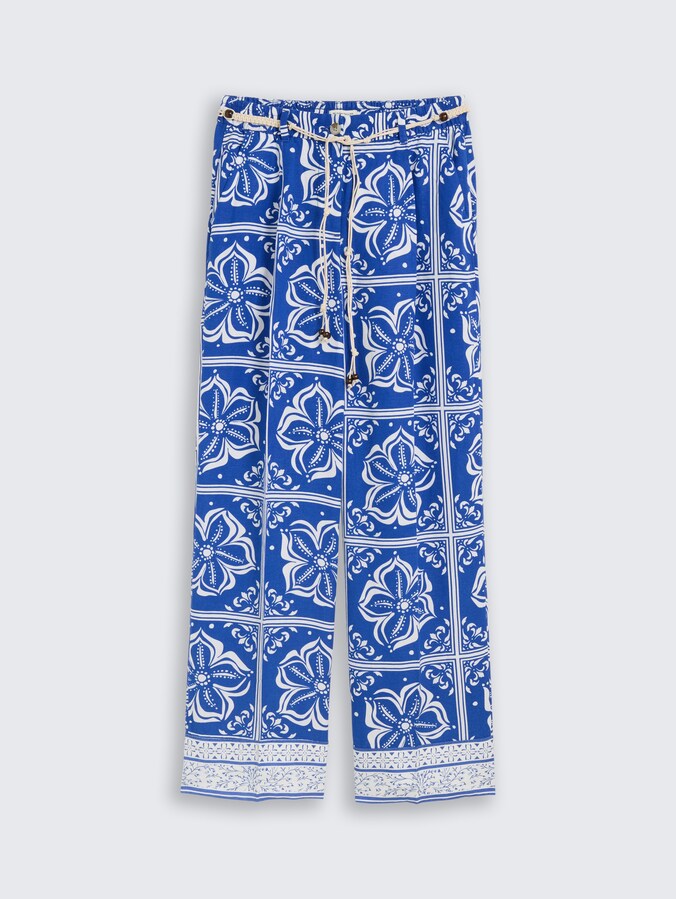 Wide Leg Hose mit Leinenanteil von Women, blue flower tile design