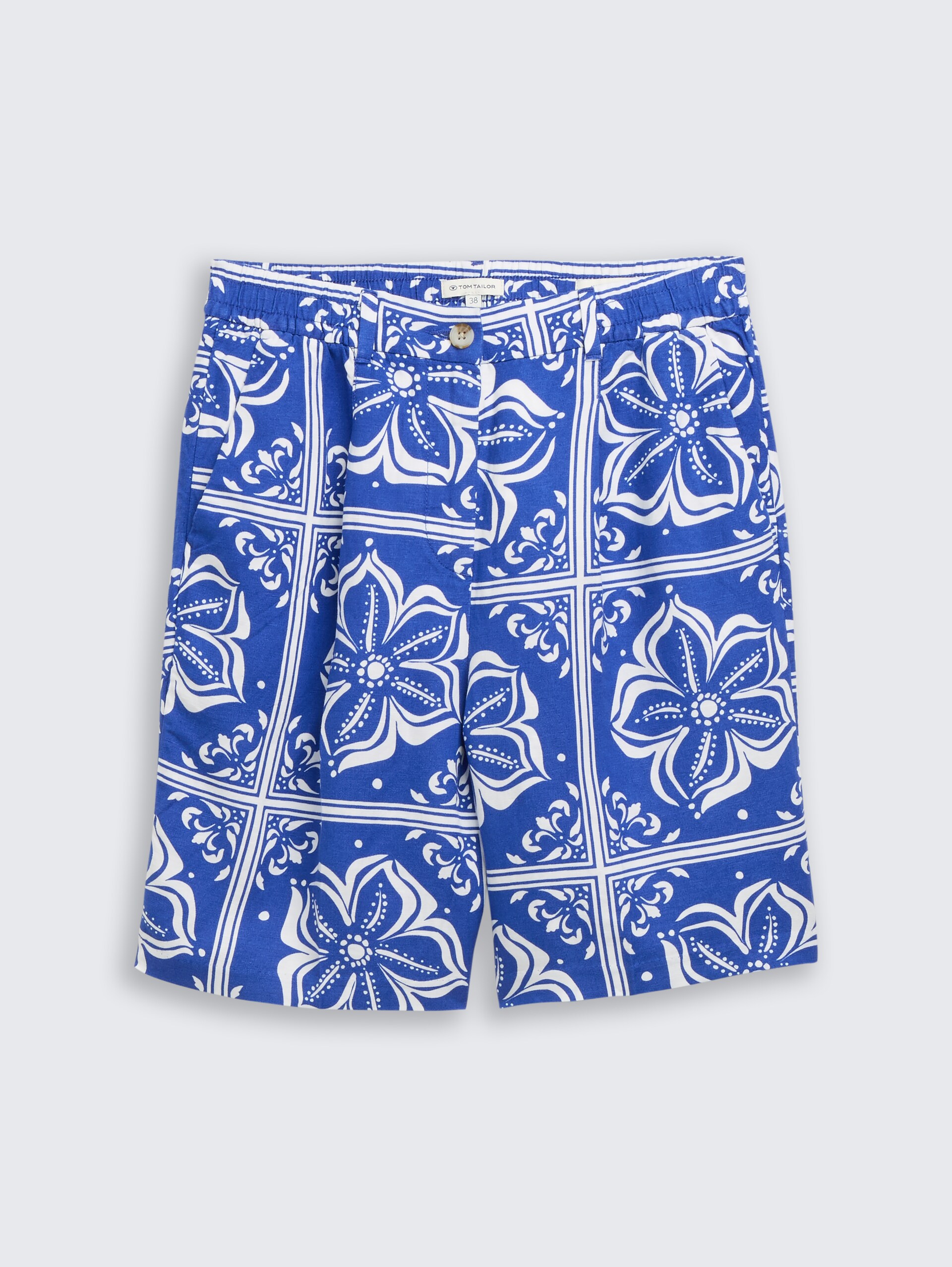 Bermudashort met losse pasvorm en linnen - blue flower tile design - Product vooraanzicht