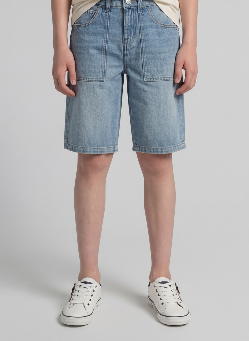 Baggy Jeans Shorts - Tinted Blue Denim - Ausschnitt Model-Vorderansicht