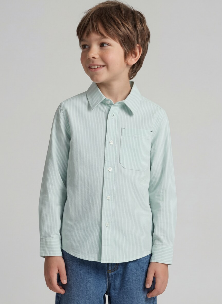 Dobby Hemd mit Streifen - light cloud blue white stripe - Ausschnitt Model-Vorderansicht