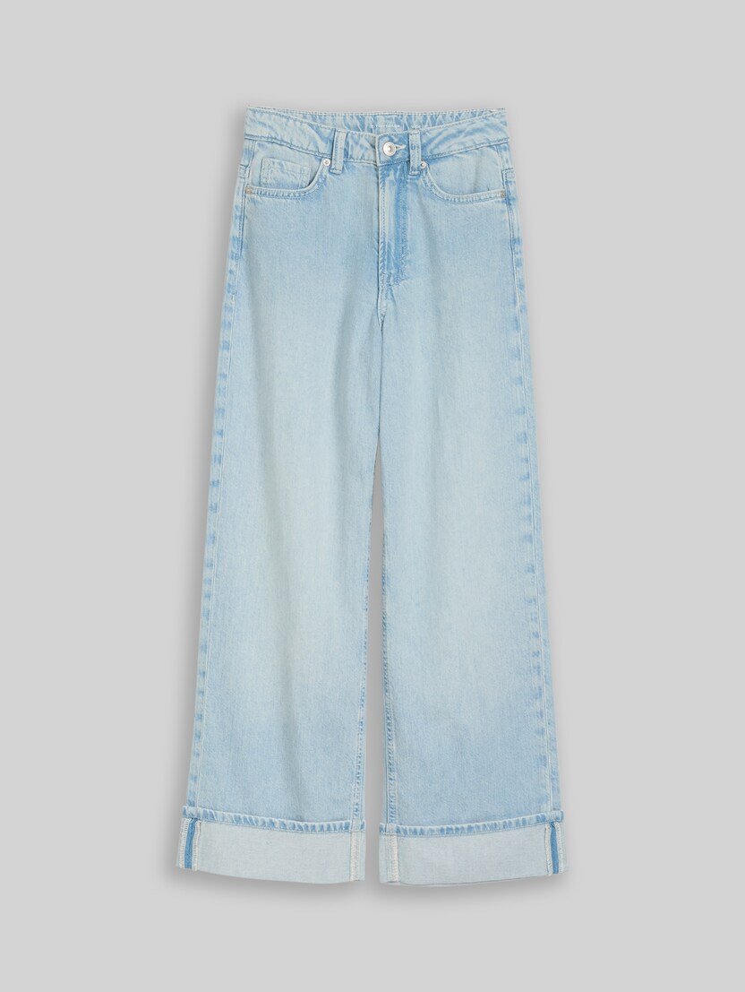 Wide leg jeans with turn-ups by Teen Girls, Bleached Blue Denim
