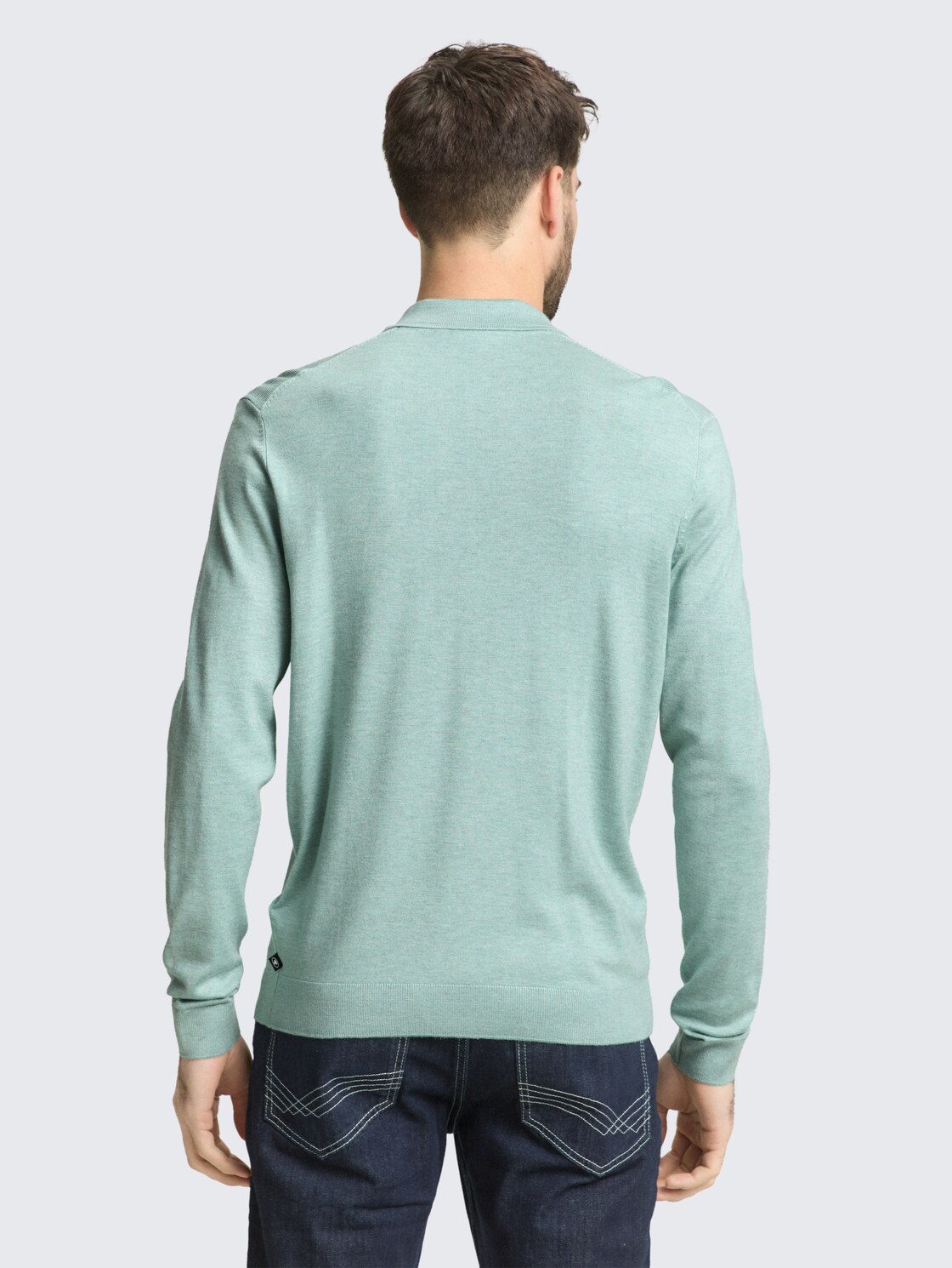 Knitted jumper with polo collar - soft greyish green melange