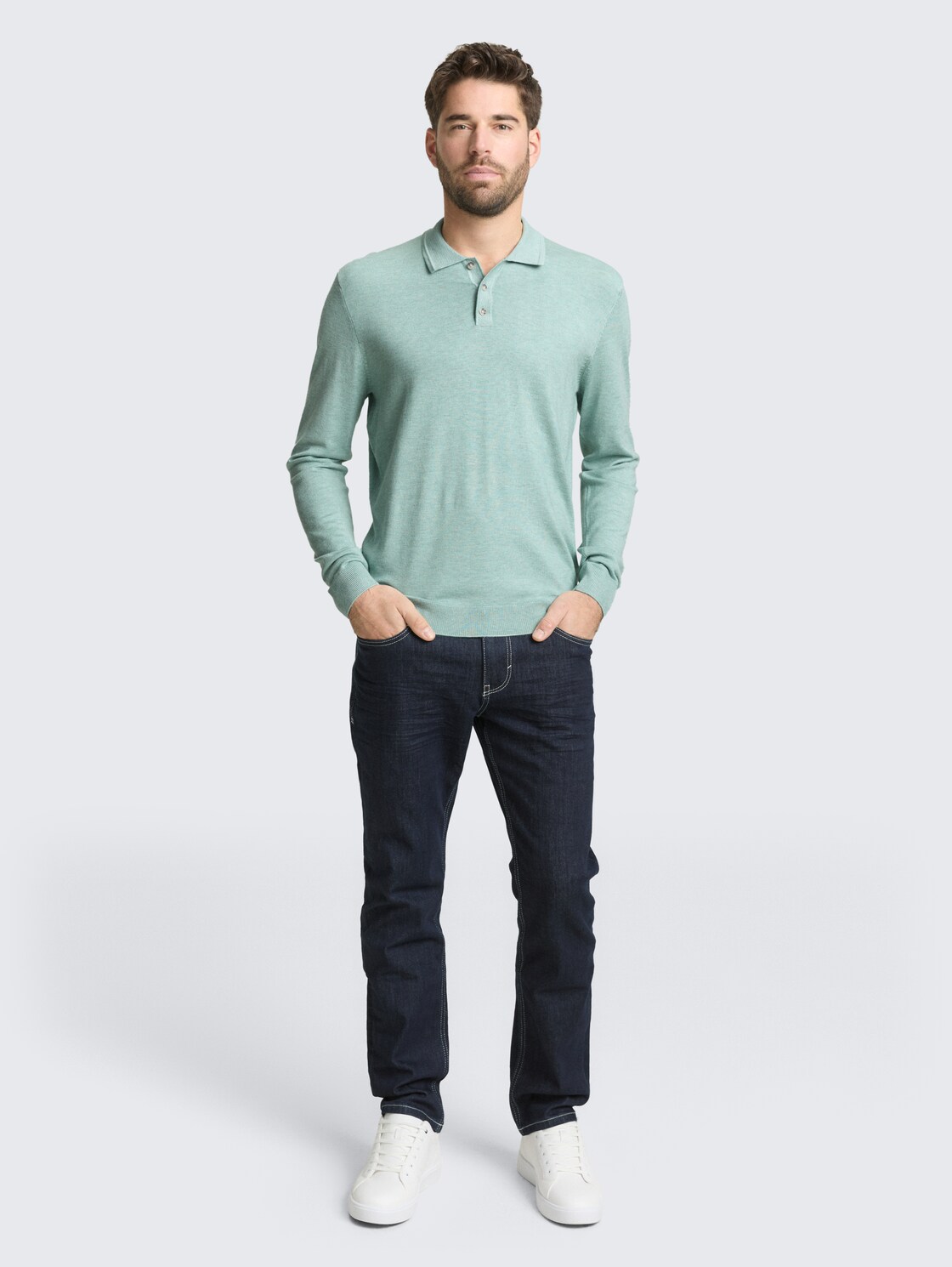 Knitted jumper with polo collar - soft greyish green melange - Model front view