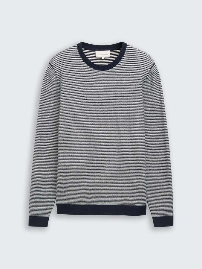 Cotton knit jumper by Men, structured stripe navy white