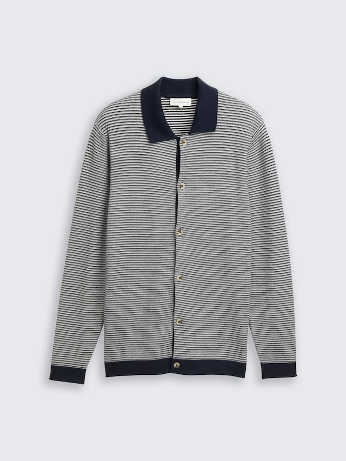 Cardigan with polo collar by Men, structured stripe navy white