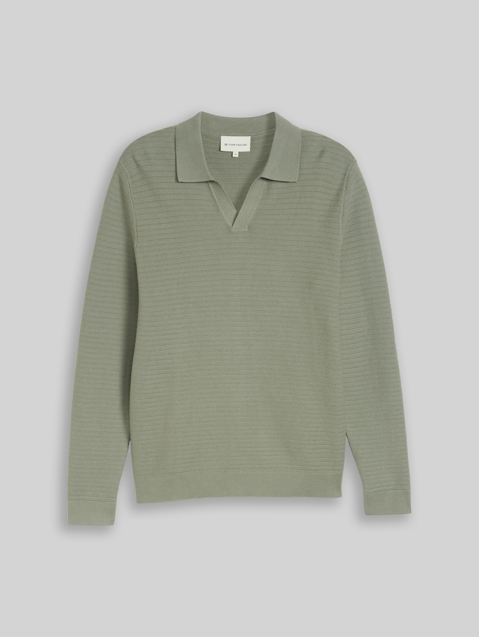 Pull en maille à col polo par Men, Greyish Shadow Olive