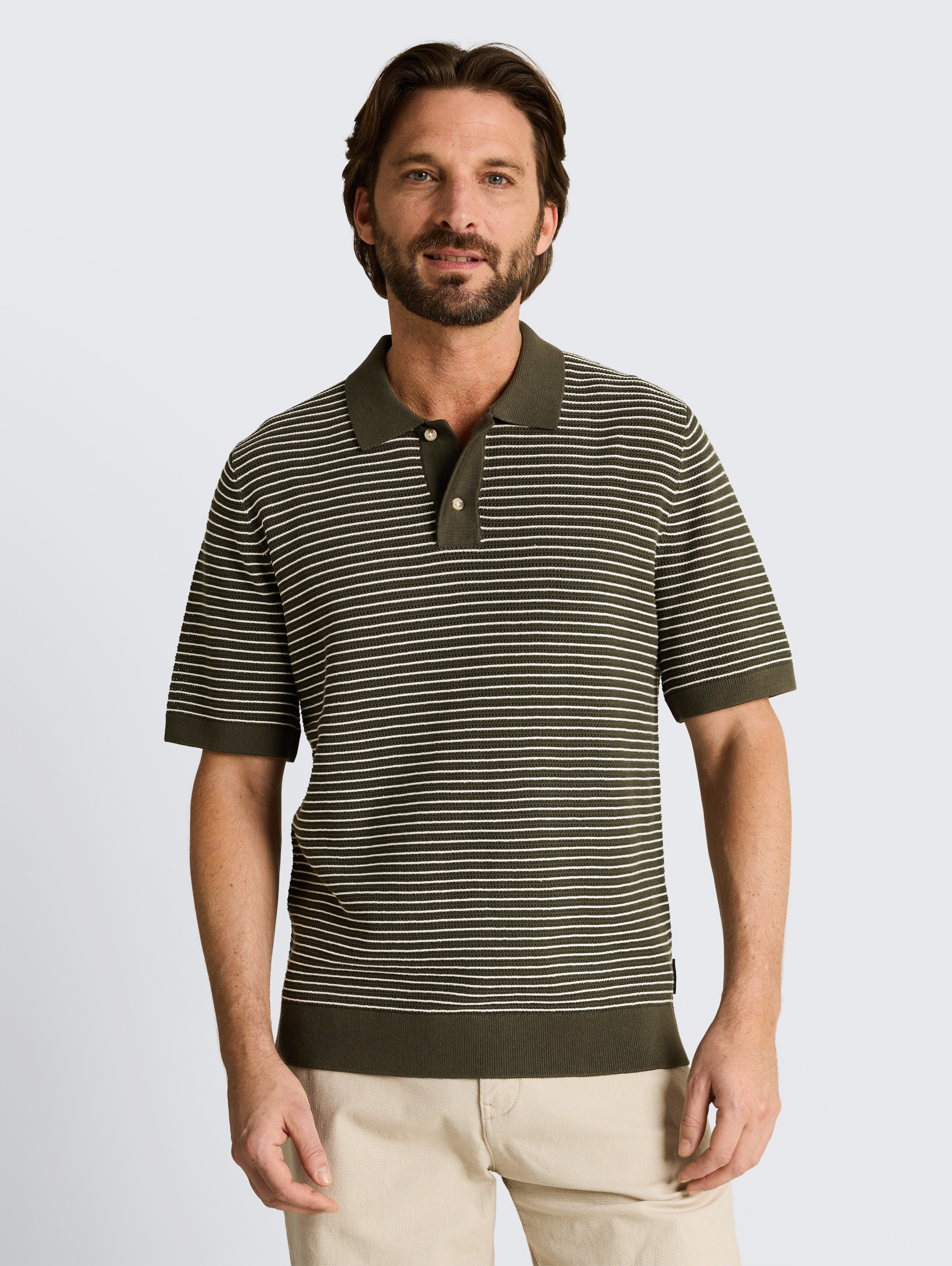 Knitted jumper with polo collar by Men, leaf green offwhite stripe