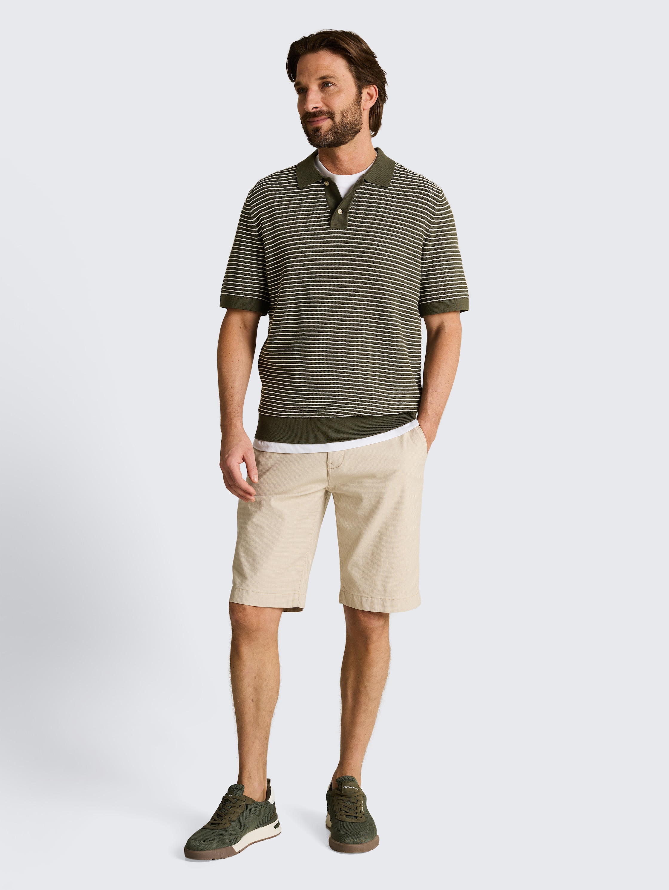 Strickpullover mit Polokragen - leaf_green_offwhite_stripe - 