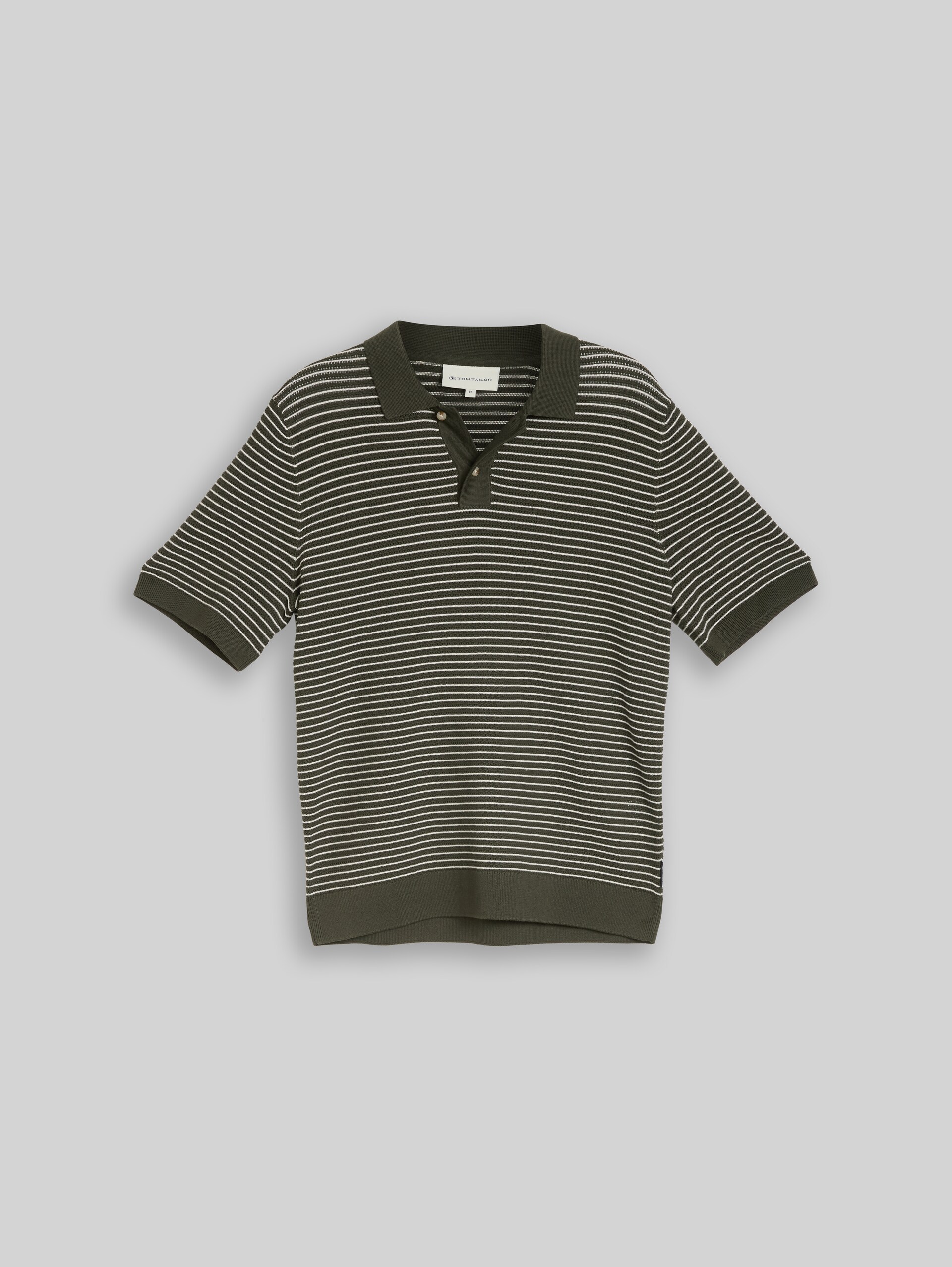 Knitted sweater with a polo collar - leaf green offwhite stripe
