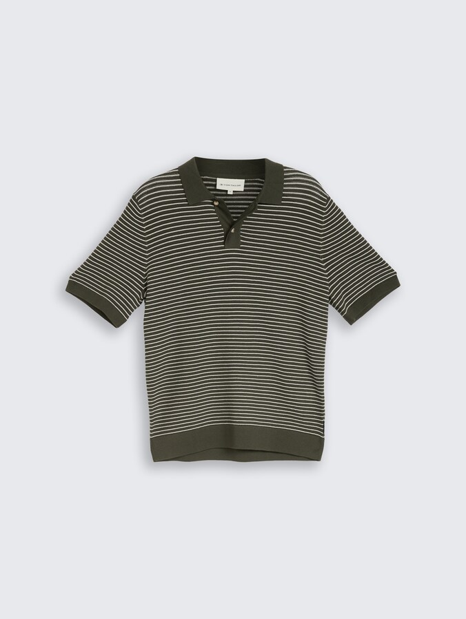 Strickpullover mit Polokragen von Men, leaf green offwhite stripe