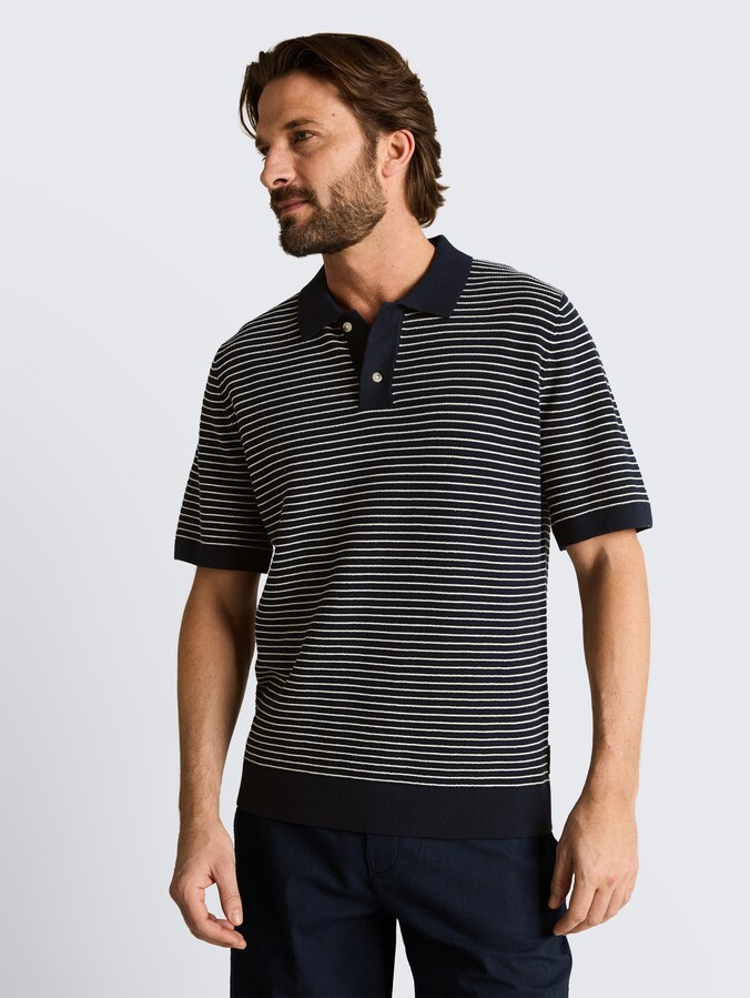 Knitted jumper with polo collar by Men, navy offwhite stripe
