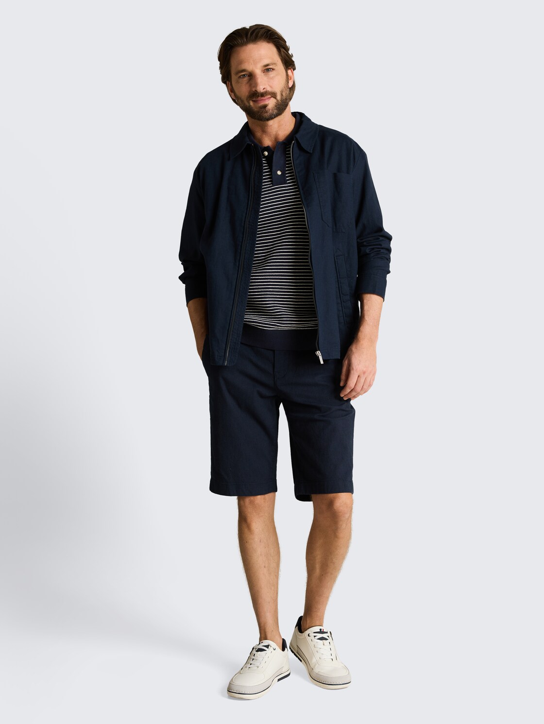 Strickpullover mit Polokragen - navy offwhite stripe - Model-Vorderansicht