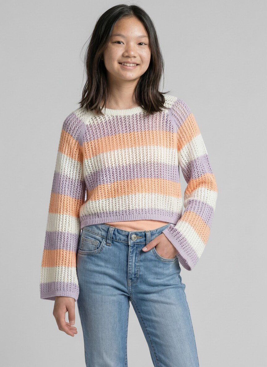 Cropped Strickpullover mit Streifenmuster - pink blue bold stripe - Ausschnitt Model-Vorderansicht