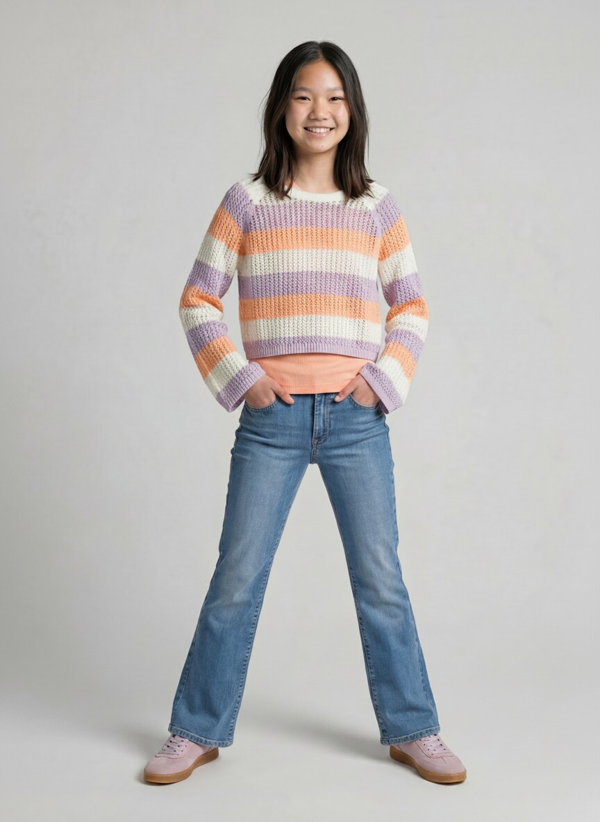 Cropped Strickpullover mit Streifenmuster - pink blue bold stripe - Model-Vorderansicht