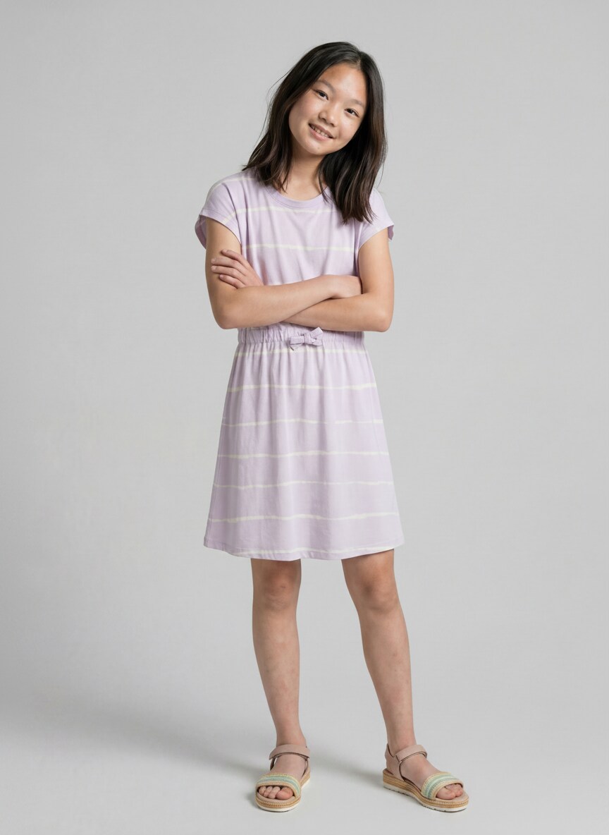 Mini-jurk met streepjespatroon - lilac batik design - zijaanzicht model