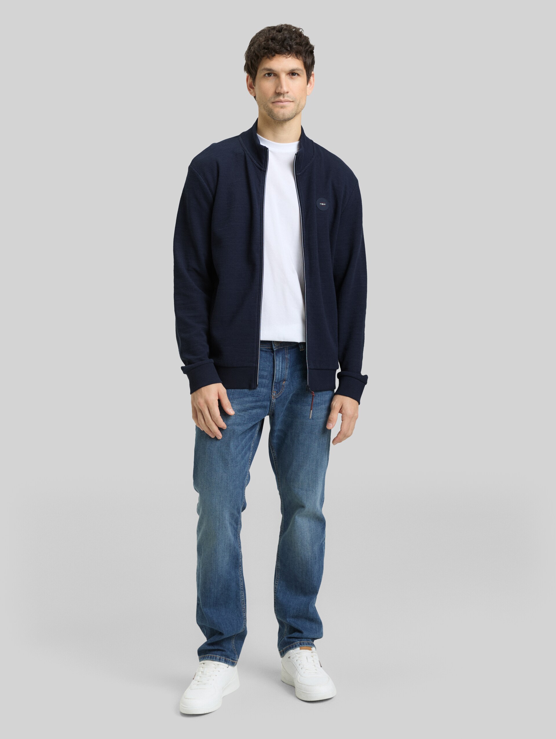 Sweat jacket with logo badge - sky captain blue - Model front view