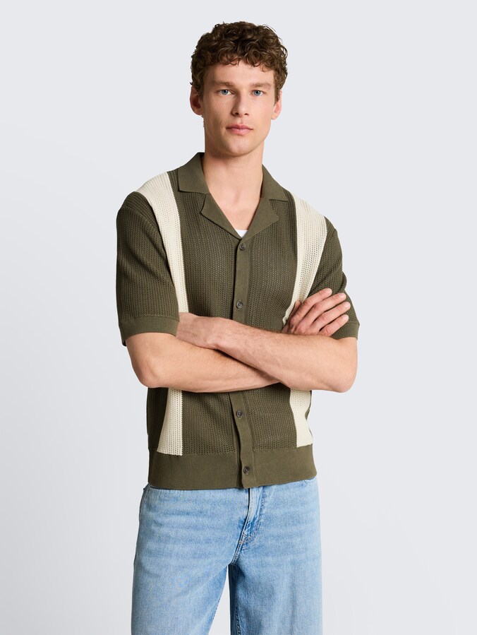 Cardigan with collar by Denim Male, faded green white colorblock