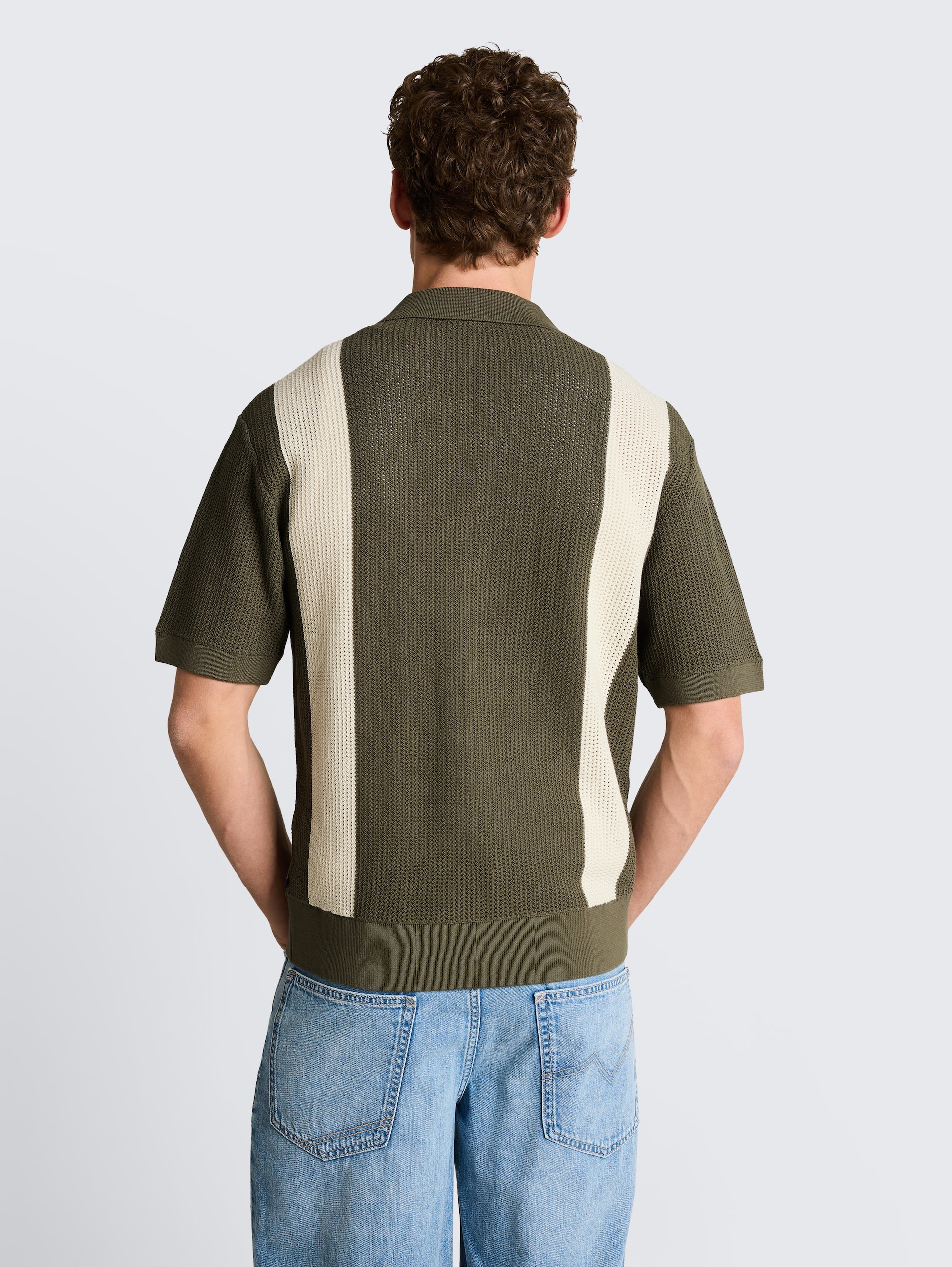 Strickhemd mit Resort Kragen und Knopfleiste - faded green white colorblock