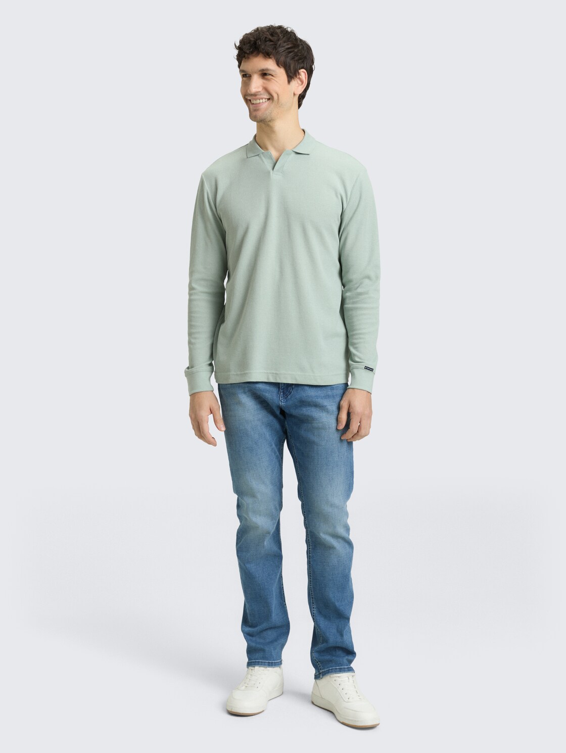 Langarm Poloshirt mit Waffelstruktur - soft greyish green