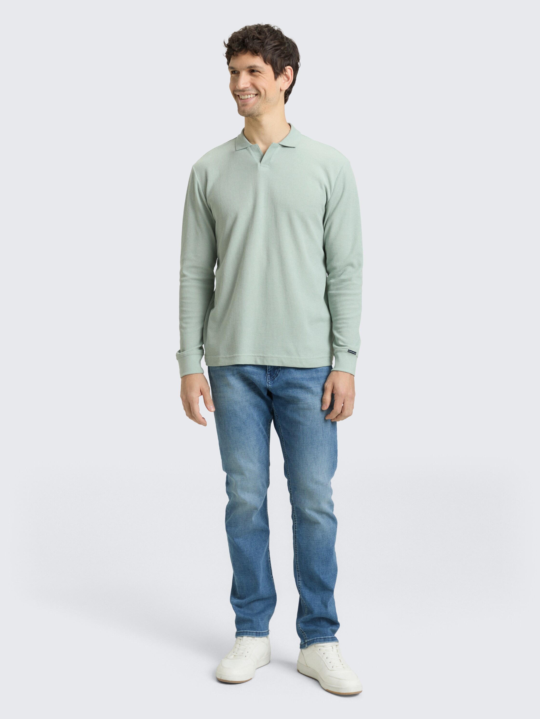 Langarm Poloshirt mit Waffelstruktur - soft greyish green