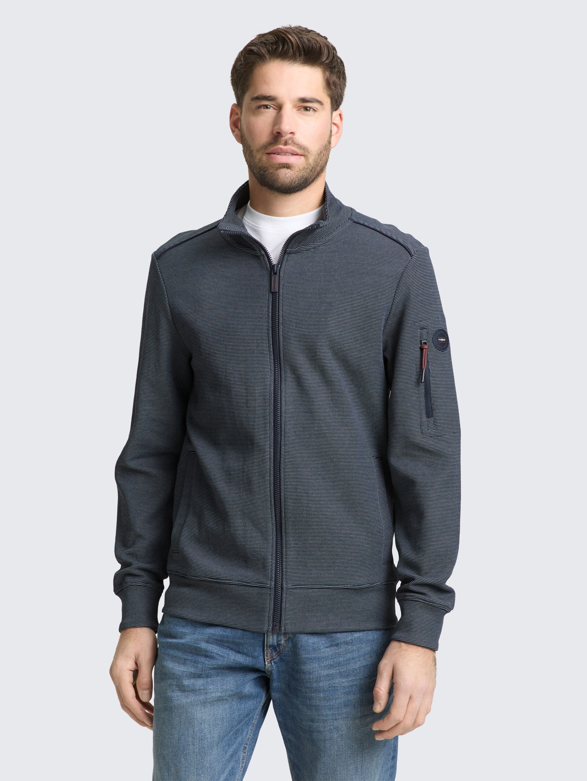 Sweat jacket with stand-up collar - navy green stripe structure - Neckline model front view
