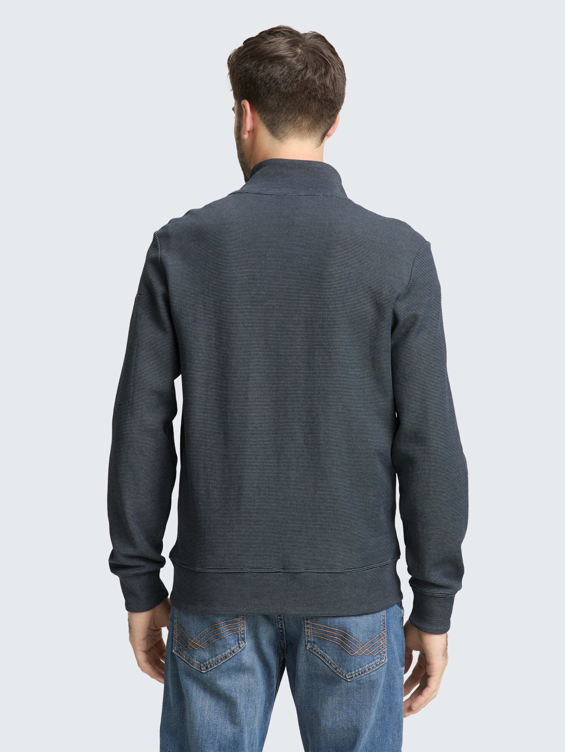 Sweat jacket with stand-up collar - navy green stripe structure - Neckline model-back view