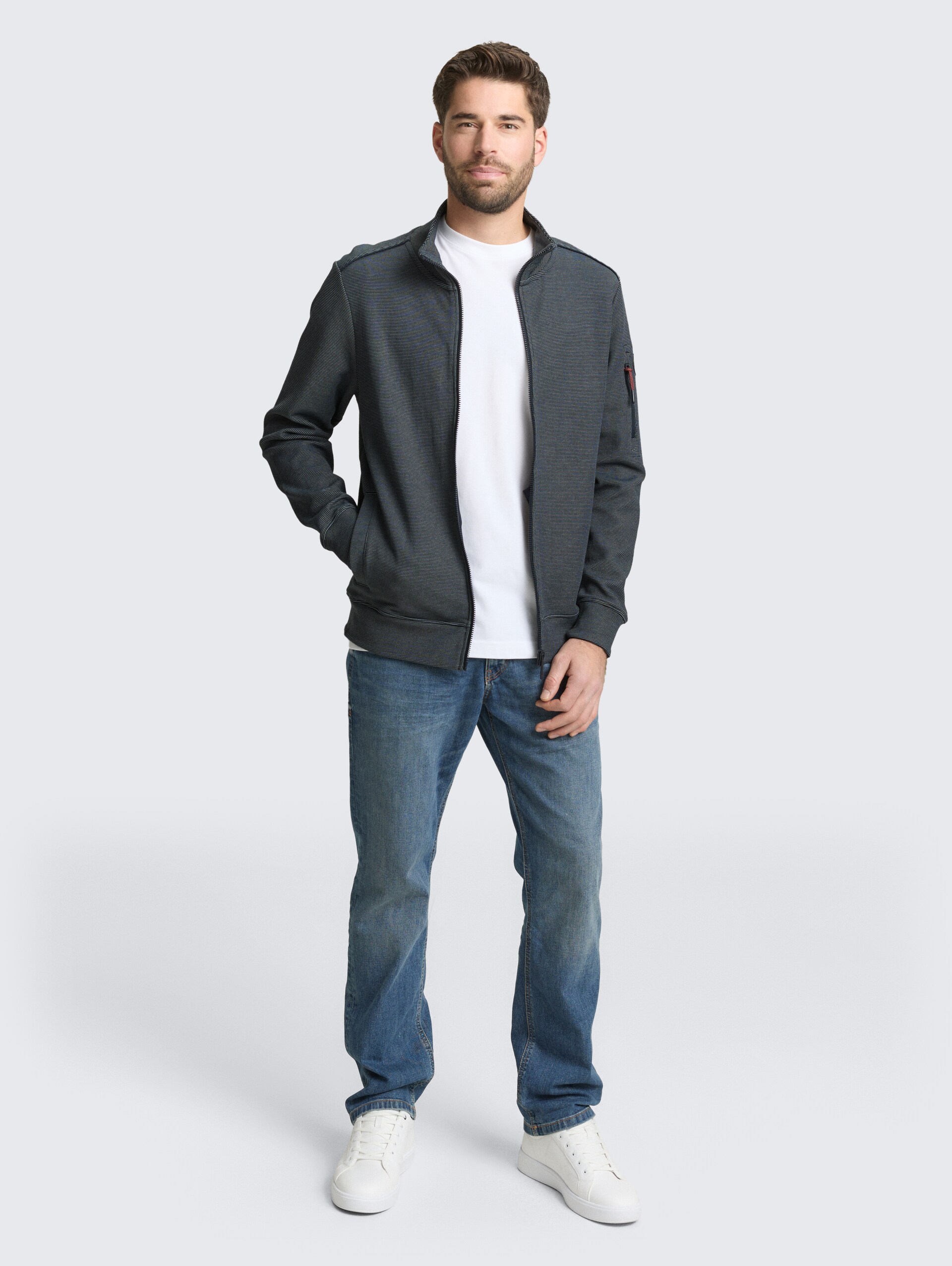 Sweat jacket with stand-up collar - navy green stripe structure - Model front view