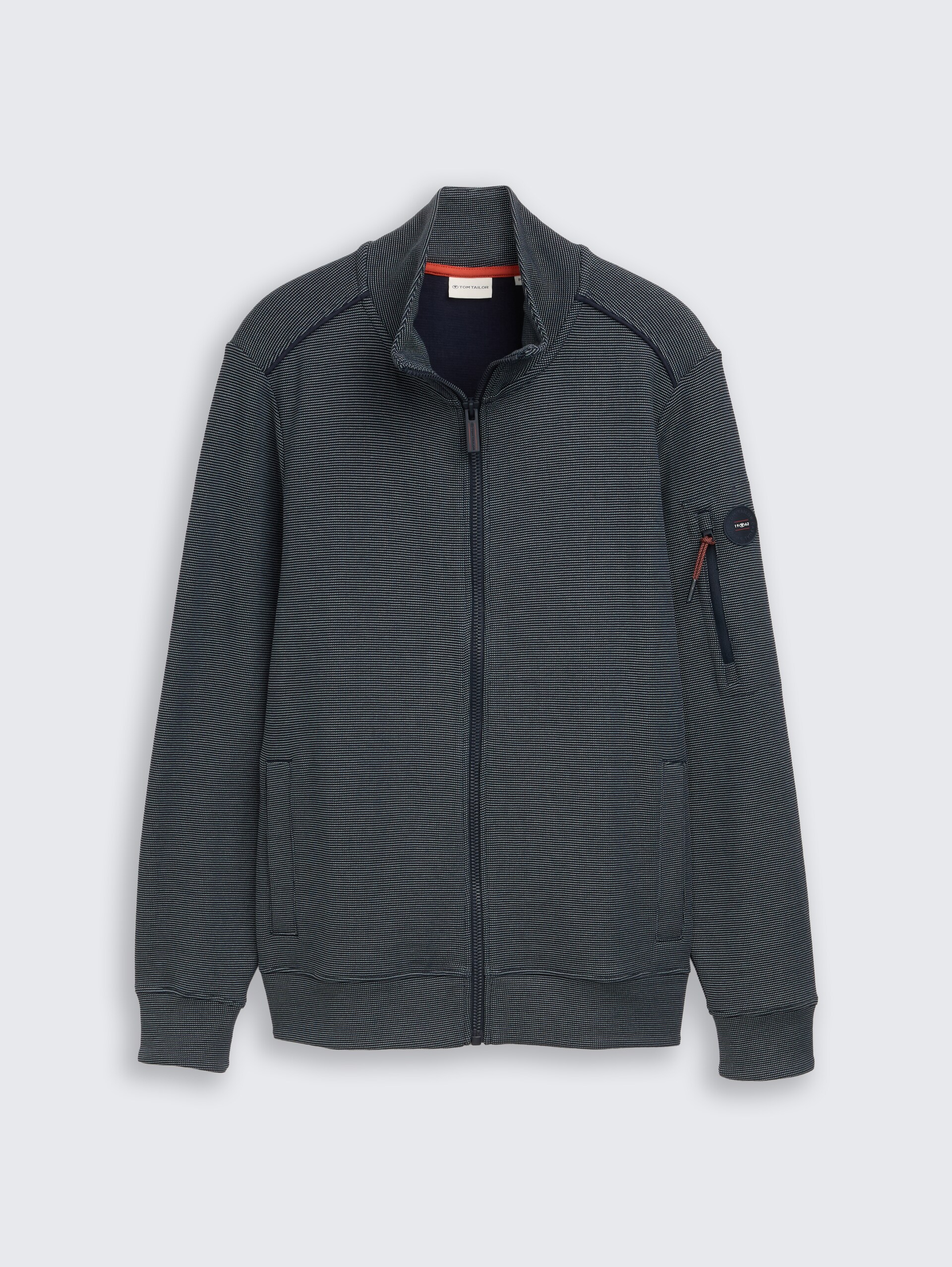 Sweat jacket with stand-up collar - navy green stripe structure - Front product view