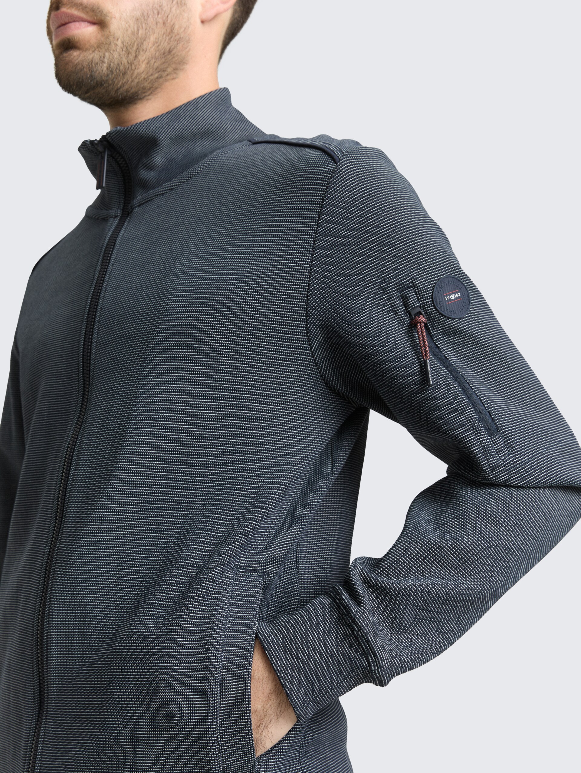 Sweat jacket with stand-up collar - navy green stripe structure - Detail model view