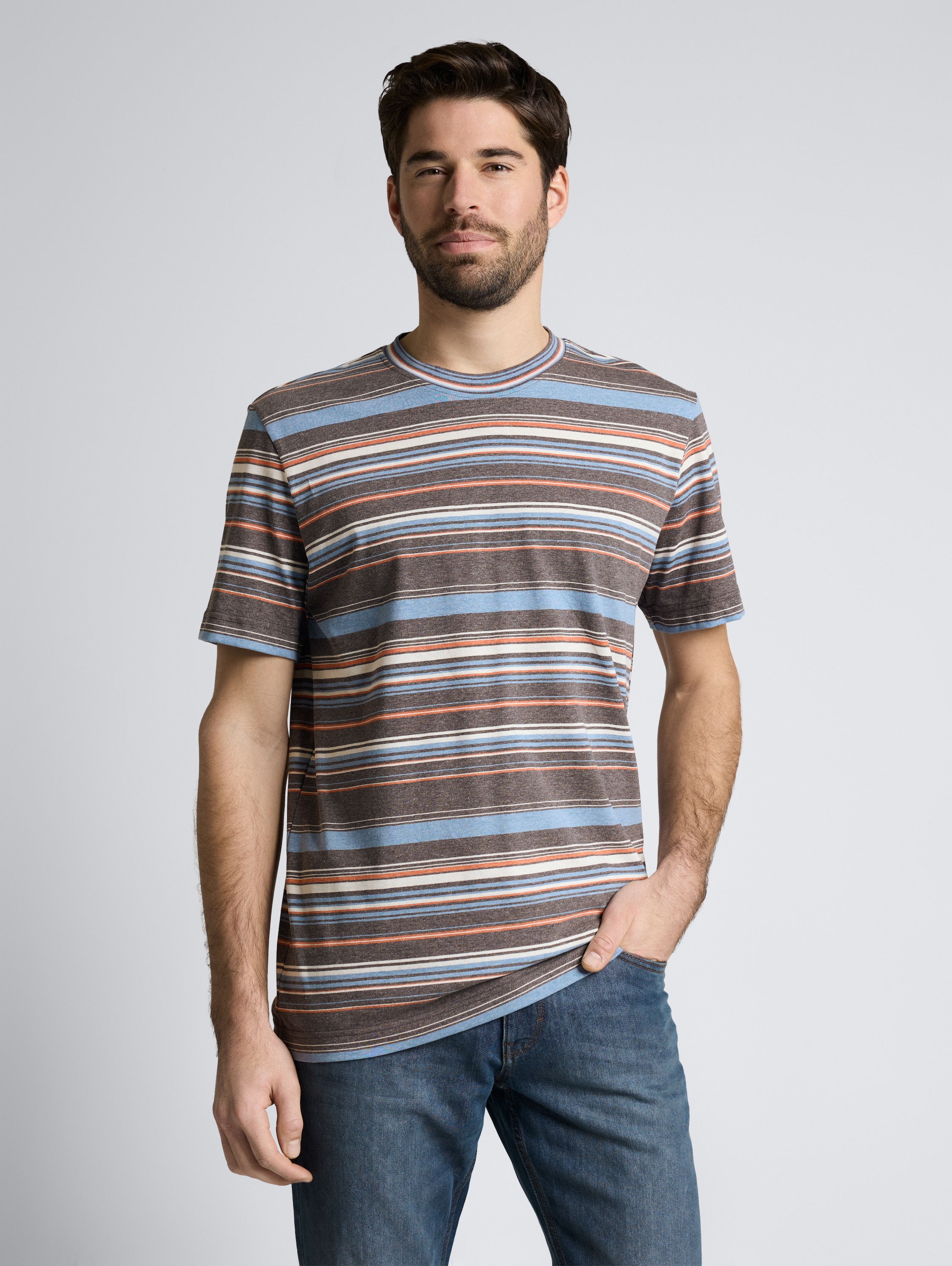 T-shirt met streepjesmotief - grey blue multicolor stripe - Nek model vooraanzicht