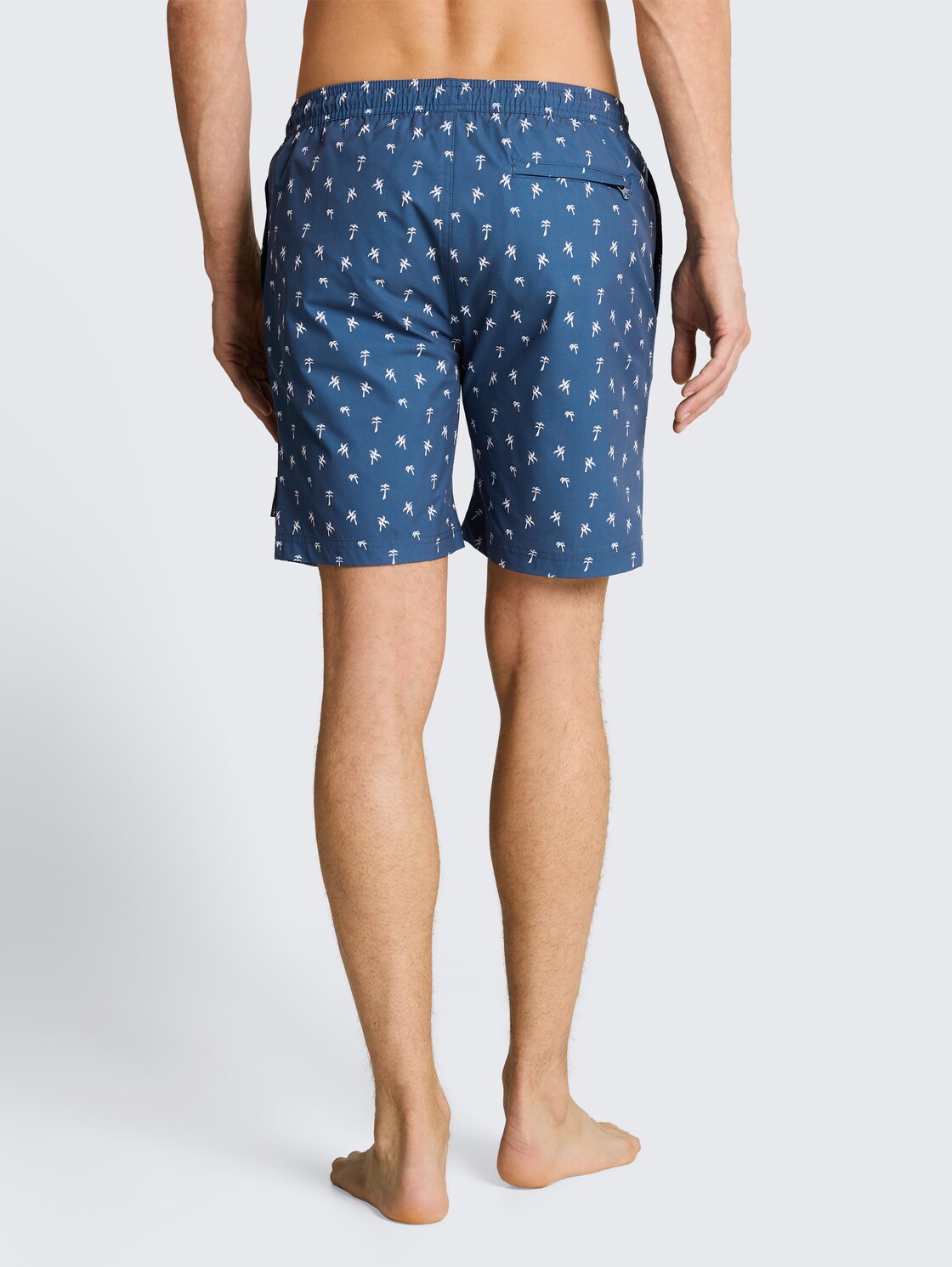 Patterned swim shorts - blue white mini palm print - Neckline model-back view